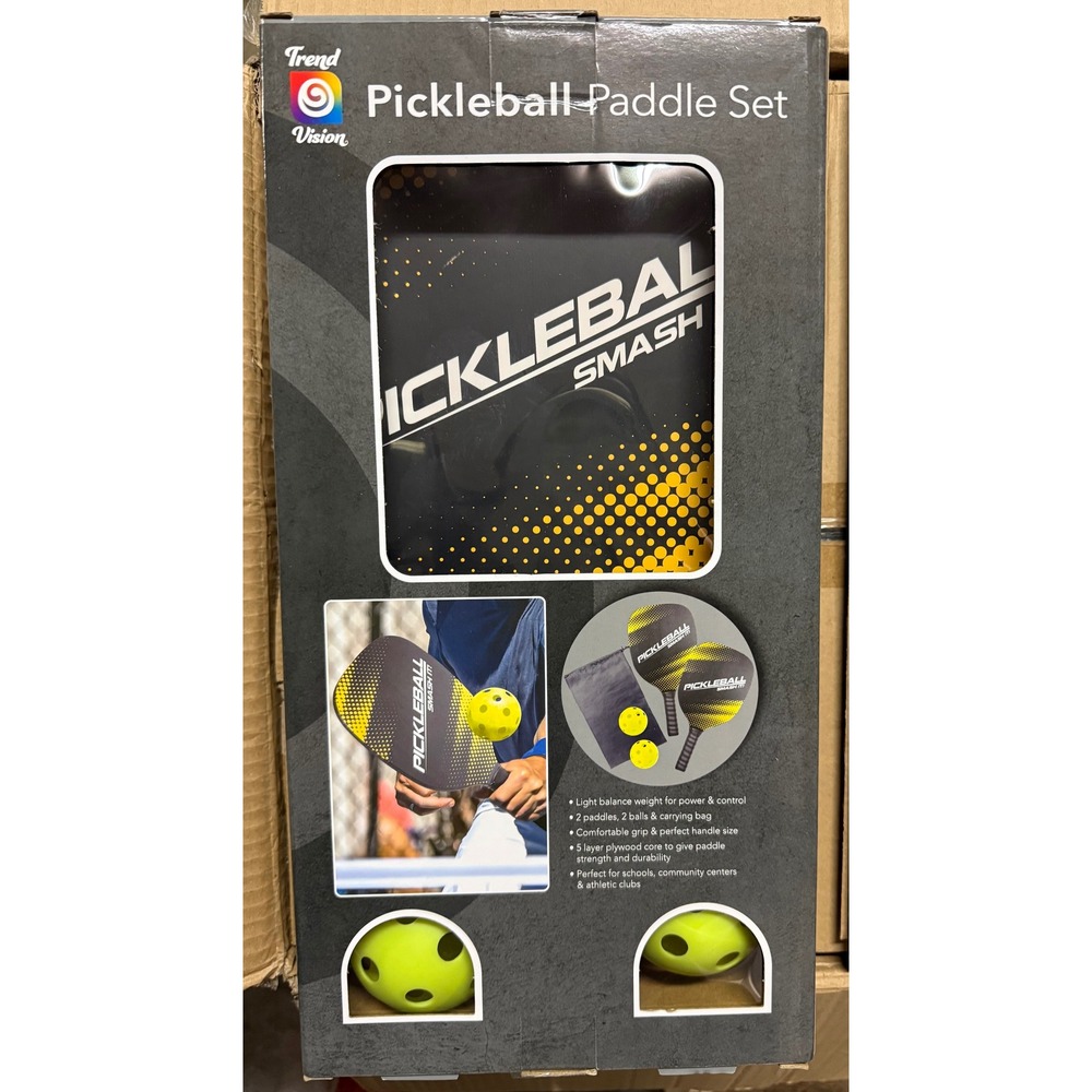 Trend Vision Pickleball Paddle Set 2 Paddles 2 Balls Carrying Bag Blk Yellow NEW